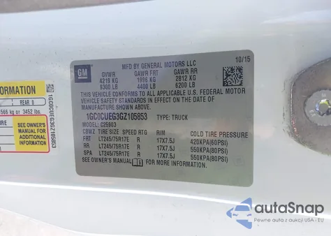 2016 Chevrolet Silverado 2500Hd Wt z USA, uszkodzony, nr VIN 1GC0CUEG3GZ105853